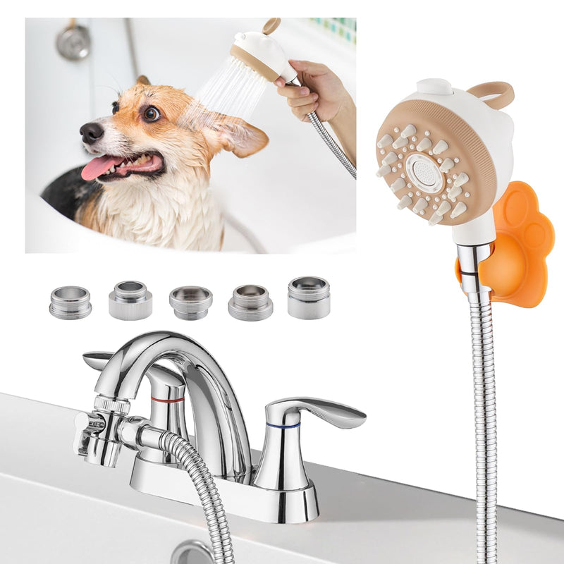 Dog Shower Attachment to Bathroom Bathtub Kitchen& Laundry Faucet Washing High Pressure Pet Wash Cleaning Sprayer with Finger Clasp Bath Brush 4ft Hose Shower Holder Sink or Indoor