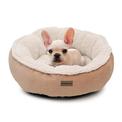 Short Plush Round Bolster Pet Bed | Small | Dogs & Cats | Beige