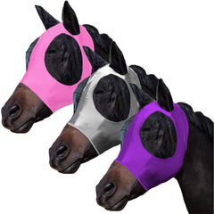 FOXLVDA 3 Pcs Horse Fly Mask-Fly Masks for Horses with Ears Breathable Elastic Fabric for Sun Protection for Large/Medium Size Adult Horses (Pink-Purple-Gray Large)