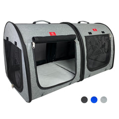 One for Pets Portable 2-in-1 Double Pet Kennel/Shelter Fabric Black/Royal Blue 20"x20"x39" - Car Seat-Belt Fixture Included (Gray)
