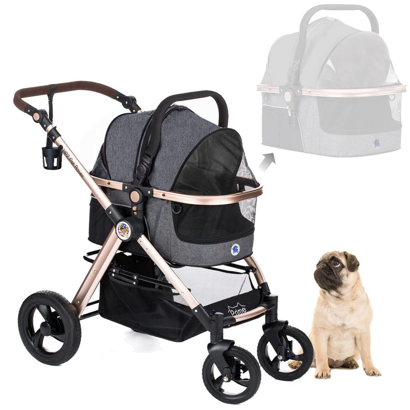 HPZ Pet Rover Prime 3-in-1 Luxury Dog/Cat/Pet Stroller (Travel Carrier+Car Seat+Stroller) with Detach Carrier/Pump-Free Rubber Tires/Aluminum Frame/Reversible Handle for Medium&Small Pets(Stone Gray)