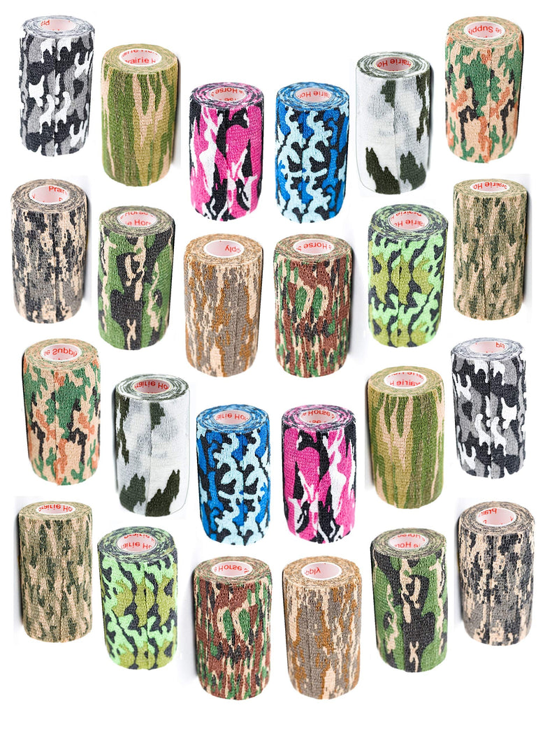 Prairie Horse Supply Vet Wrap Tape Bulk (Assorted Camo Colors) (24 Pack) (4 Inches Wide) Vet Wrap Medical First Aid Tape Self Adhesive Adherent for Ankle Wrist Sprains and Swelling