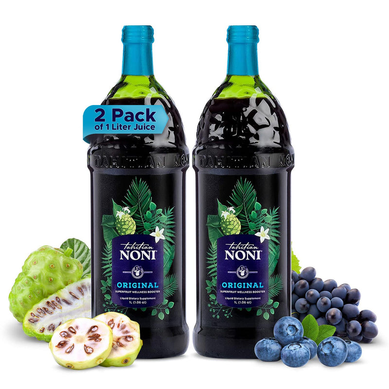 TAHITIAN NONI Juice by Morinda Original and Authentic Noni Fruit Puree from Tahiti with Natural Blueberry & Grape (Resveratrol) All-Natural Daily Wellness Drink - 2 One Liter Juice Bottles Case