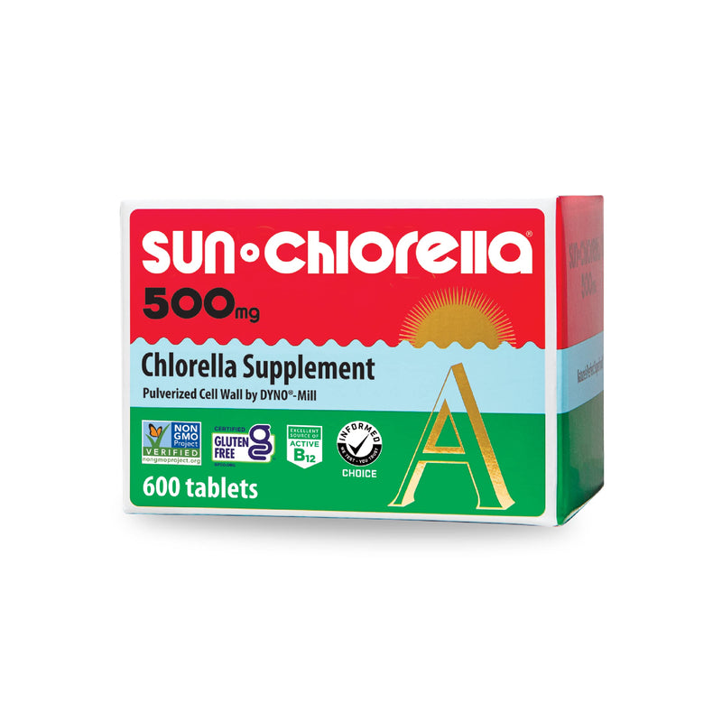 Sun Chlorella 500mg Whole Body Wellness Green Algae Superfood Supplement - Immune Defense Gut Health Natural Purification Energy Boost - Chlorophyll B12 Iron Protein - Non-GMO - 600 Tablets