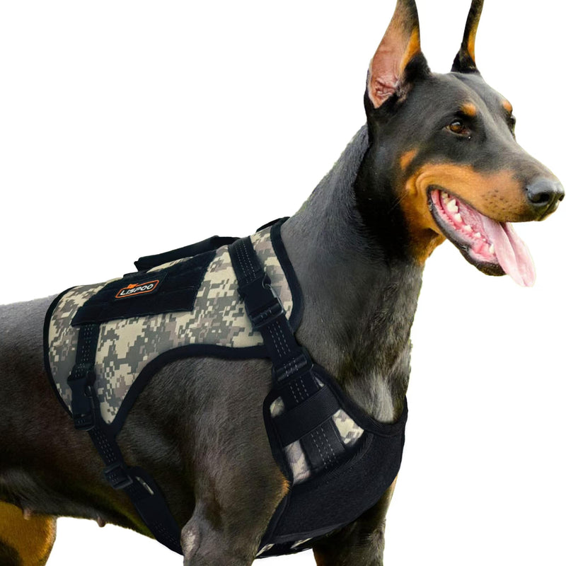LISPOO Multicam Tactical Dog Harness for Large Dogs No Pull Adjustable Dog Harness with Water Bottle Bag and Pocket Adjustable Reflective K9 Training Vests for Dogs for Training Walking Hiking L