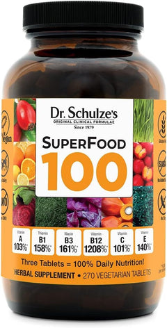 Dr. Schulzes Superfood 100 | Vitamin & Mineral Herbal Concentrate | Dietary Supplement | Daily Nutrition & Increased Energy | Gluten-Free & Non-GMO | Vegan & Organic | 270 tabs