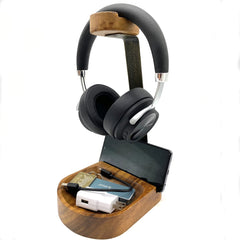 WRIGHTMART Acacia Wood Dual Headphone Stand Headset Stand with Storage Tray Heavy Duty Holder for Over-Ear Headphones Cell Phone iPad iPhone Compatible with Bose Beats Sony Sennheiser