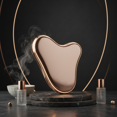 Luxury smart electric Gua Sha facial massager in rose gold on dark moody background with gold accent lighting