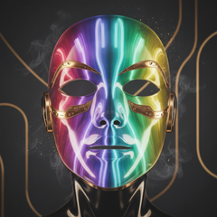 7-color LED light therapy facial mask glowing with multicolor lights on dark moody background