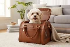 Small dog sitting in luxury brown PU leather pet carrier