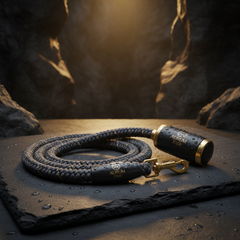 Premium moisture-proof dog training leash with bark stopper on dark moody background with gold accent lighting
