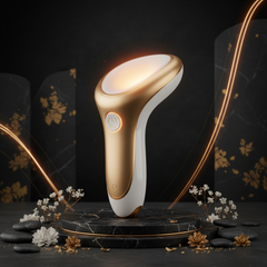 Premium facial and body therapeutic massager with warm glow on dark moody background with gold accent lighting