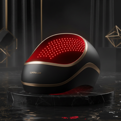 Luxury red light therapy cap with deep red LED glow on dark background