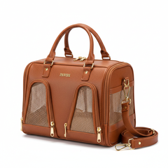 Luxury brown PU leather pet carrier on white background